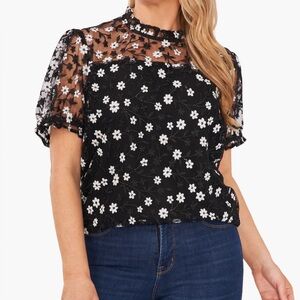 CeCe Embroidered Floral Mesh Overlay Blouse in Rich Black